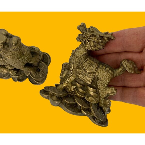VTG Brass FengShui Foo Dogs Pair Dragon Figures Pi Xiu Figurines Lucky 3" 7892 - Picture 7 of 11